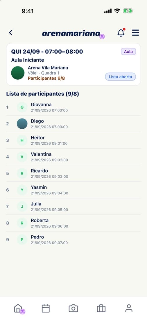 Detalhe da aula na visão do professor, só com a lista de alunos confirmados.