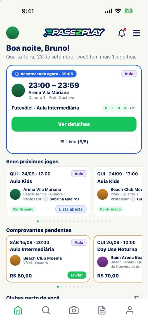 Tela inicial do app do jogador com o próximo evento.