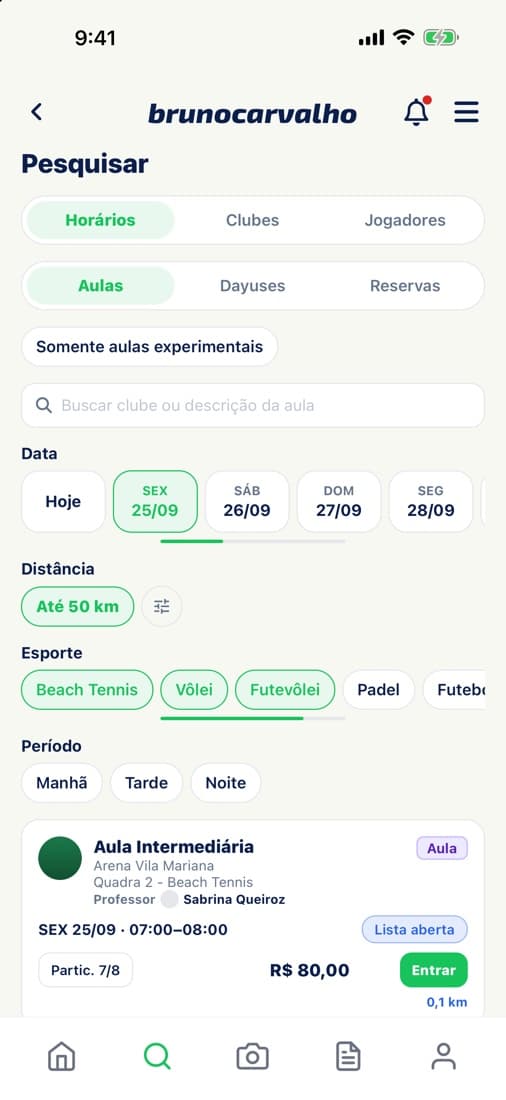 Busca de horários no app do jogador.