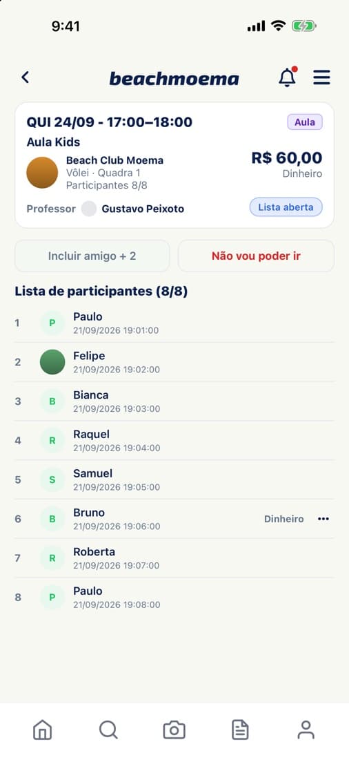 Detalhe do evento com a lista de participantes no app do jogador.